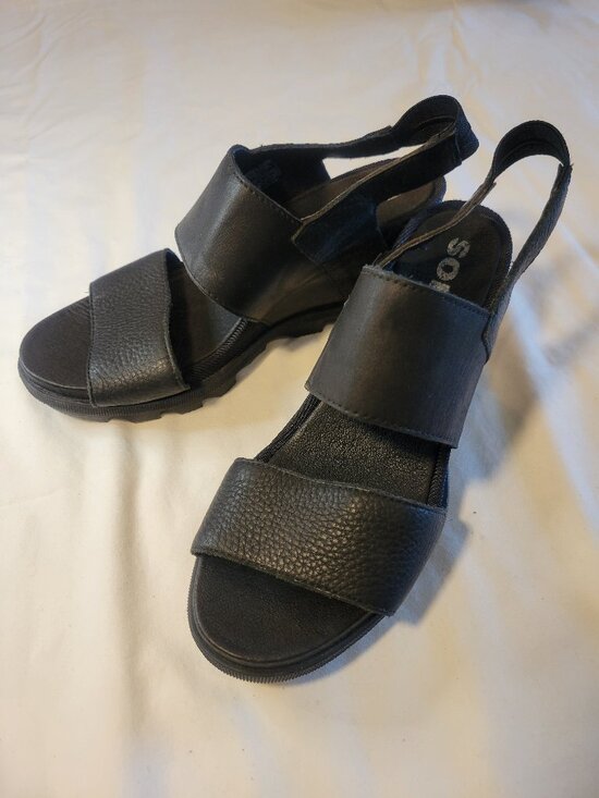 Sorel Shoes - Sorel Black Leather Wedge Sandals Ankle Strap Platform Women's Size 7